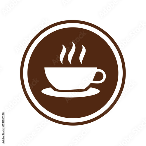 Steaming coffee cup and saucer icon in a brown circle sign for a cafe or coffee shop