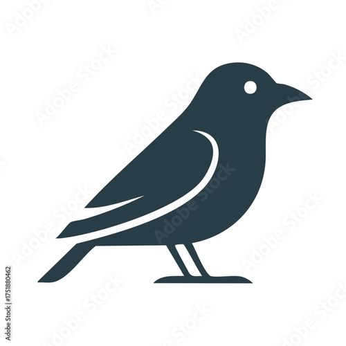 Simple dark bird silhouette icon. Minimalist flat design vector graphic of a standing crow.
