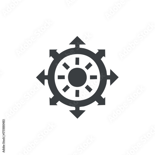 Directional Movement Icon: Round Shape with Outward Arrows, Symbolizing Expansion and Control