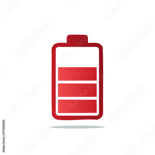 Red battery symbol with three bars showing charged power status, vector illustration