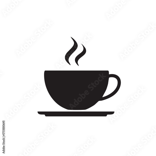 Simple black silhouette icon of a steaming hot coffee cup on a saucer