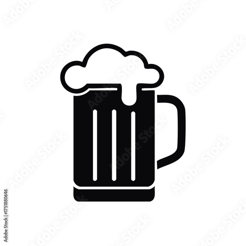 Simple black silhouette beer mug icon with frothy foam graphic vector design element