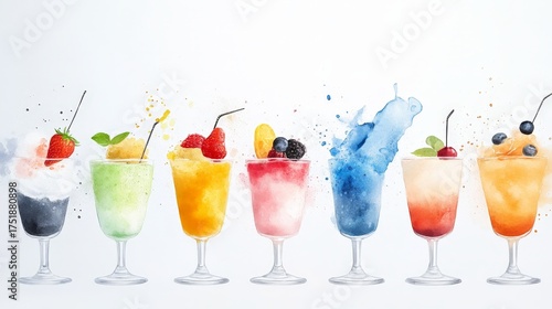 Refreshing Summer Cocktails in Vibrant Colors on a White Background