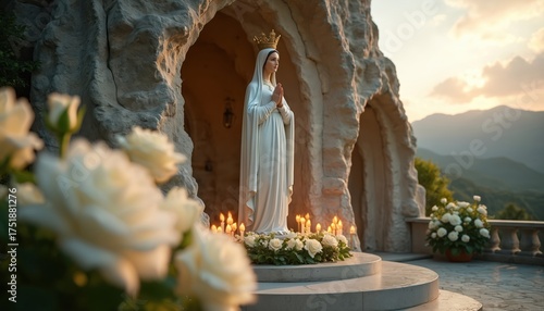 Statue of Virgin Mary adorned with golden crown stands in holy grotto. White roses, candles decorate Marian shrine. Devotional figure looks serene. Mountains at background. Religious christian