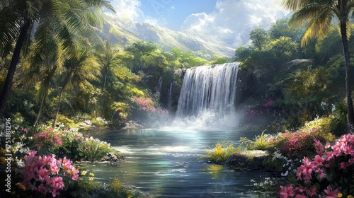 Lush Waterfall Paradise Tranquil pool, vibrant flowers, tropical backdrop; ideal for travel, tourism