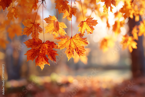 Vibrant autumn maple leaves glowing in warm golden sunlight