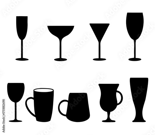 Set of vector glasses. Set of vector glasses for wine, martini, champagne and other
