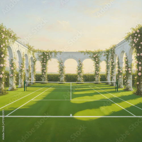Romantic Surreal Tennis Court With Flowering Arches And Sunset Light In Garden Setting. Concept Of Luxury Sports Venue, Tennis Competitions, Tennis Party Inspiration, And Elegant Summer Visuals