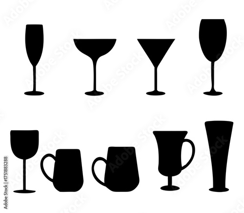 Set of vector glasses. Set of vector glasses for wine, martini, champagne and other