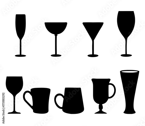Set of vector glasses. Set of vector glasses for wine, martini, champagne and other