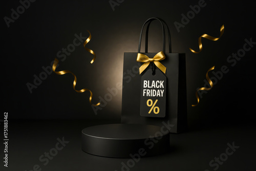 Black Friday Shopping Bag With Gold Bow Near Empty Podium For Presentation On Dark Background. Concept Of Product Presentation, Holiday Sale Display, Branding, Retail Promotion, And Ecommerce Design