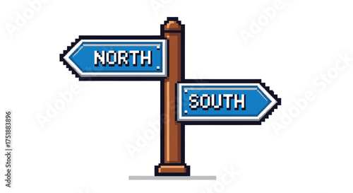 Pixelated directional signpost indicating North and South directions.