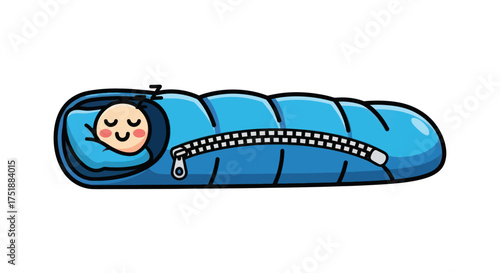Cute Cartoon Character Sleeping Peacefully in a Blue Zippered Sleeping Bag.
