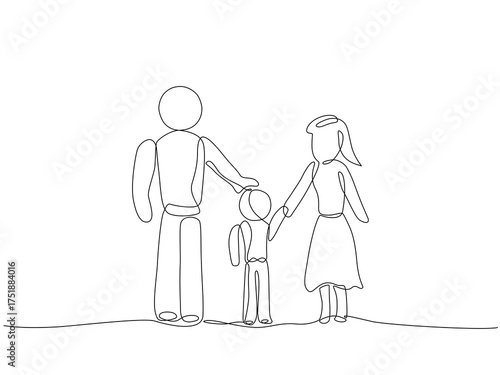 Minimal continuous one line cartoon drawing of a family of three holding hands, symbolizing love, connection, and togetherness in a simple vector Editable stroke.