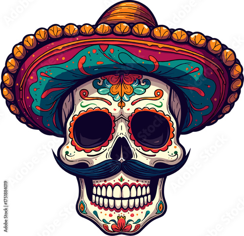 mariachi skull with sombrero playing guitar, mexican día de los muertos skeleton musician illustration for festival, celebration and halloween decor