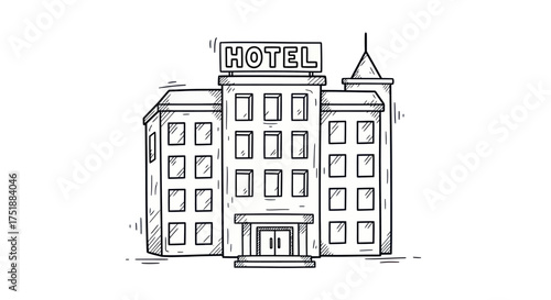 Hand-drawn Hotel Building with Multiple Windows and a Sign on Top.
