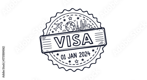 Hand-drawn Visa Travel Stamp with Global Landmarks and Date.