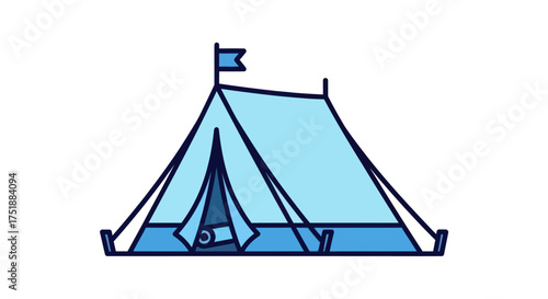 A light blue canvas camping tent with a small flag on top.