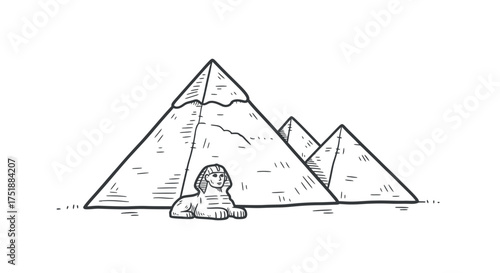 Hand-drawn sketch of the Great Pyramids of Giza and the Sphinx monument.