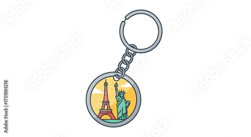 Illustrated travel souvenir keychain with the Eiffel Tower and Statue of Liberty.