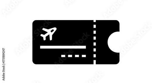 Black and White Icon of an Airplane Ticket with Perforated Edge.