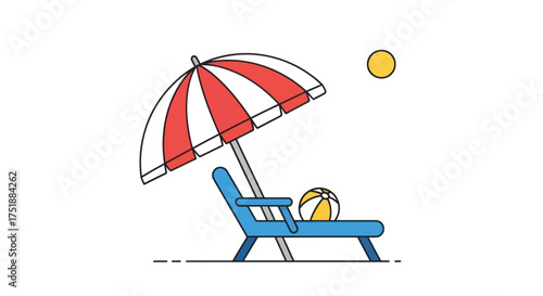 Beach chair with umbrella and ball under the sun.