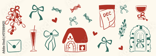 Wallpaper Mural Whimsical Christmas doodle line art festive and holiday icon. Green, red elements illustrations for sale, promotion, branding, labels, posters, cards, invitation, greeting card, social media. Torontodigital.ca