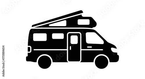 A solid black camper van icon with a pop-top roof shown in a side profile view.
