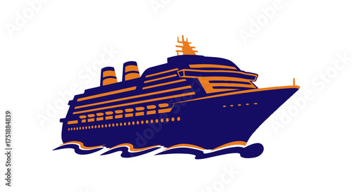 Stylized Dark Blue Cruise Ship Illustration with Orange Accents.