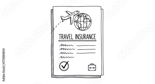 Hand-drawn illustration of a travel insurance document with an airplane and globe icon.