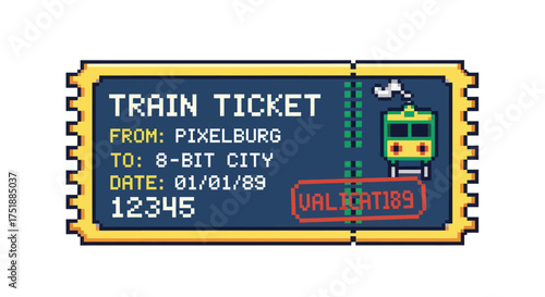 Retro pixel art train ticket for travel between fictional cities.