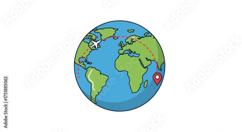 Cartoon Earth Globe with Continents Oceans Airplane and Location Pin.
