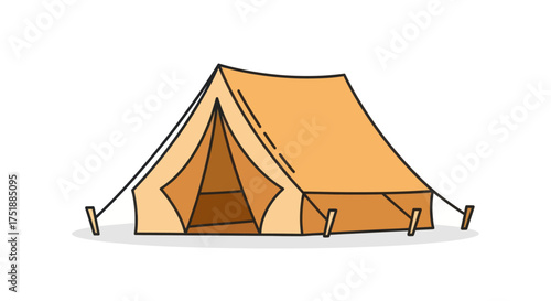 A-frame canvas camping tent with open entrance and guy lines.