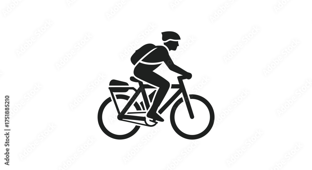 Fototapeta premium Silhouette of a Cyclist Riding a Bicycle with Backpack and Panniers.