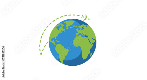 Stylized Earth Globe with Airplane Path Global Travel Concept.