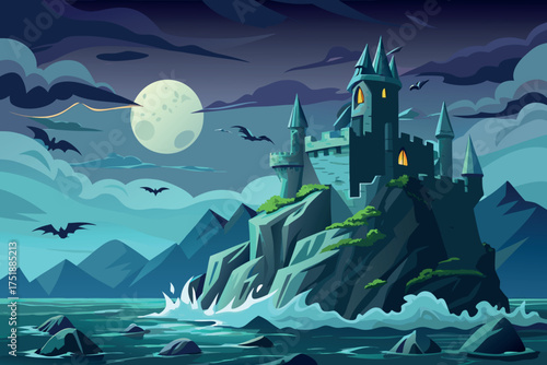Mysterious castle on a rocky cliff under a full moon with flying bats