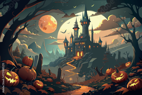 Spooky halloween castle scene with jack o lanterns and a full moon