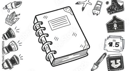 Hand-drawn spiral-bound notebook with blank label doodle.