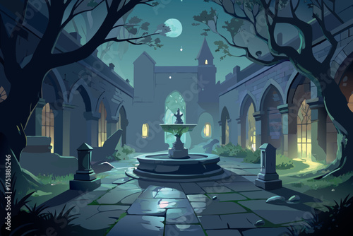 Enchanting courtyard with fountain under a full moon