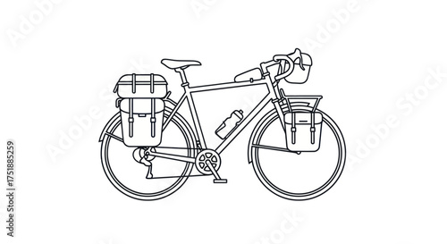 Detailed Line Drawing of a Touring Bicycle with Luggage Racks and Panniers.