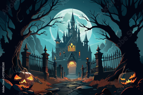 Spooky halloween castle scene with jack o lanterns and full moon
