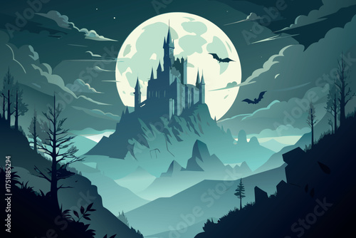 Mysterious castle silhouette against a giant moon with bats flying at night
