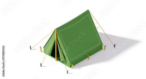 Classic Green A-Frame Camping Tent with Yellow Guy Lines.