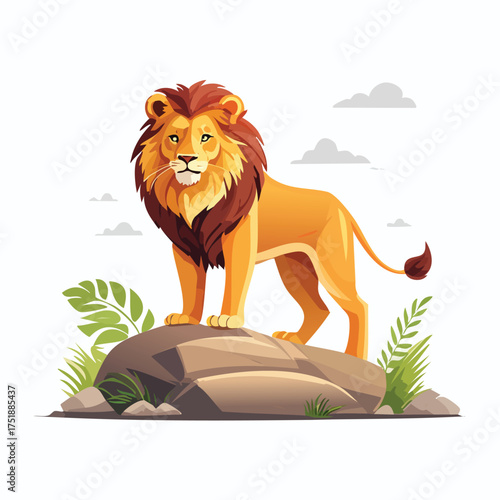 Majestic lion surveys savanna atop rocky outcrop