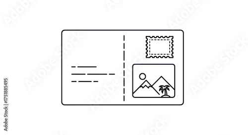 Outline illustration of a postcard with a stamp and landscape image.