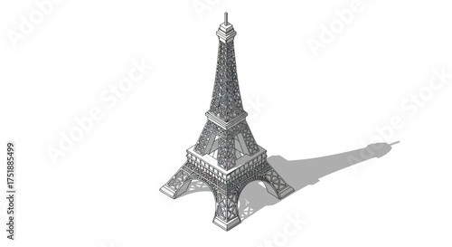 A detailed black and white miniature model of the Eiffel Tower casting a shadow.