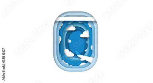 Paper Cut Airplane Window View with Blue Sky Clouds and Flying Paper Plane.