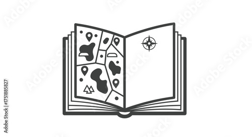 Open book displaying a stylized map with location markers and compass rose.