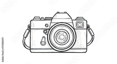 Classic retro film camera with a large lens and neck strap depicted in a simple black and white sketch style.