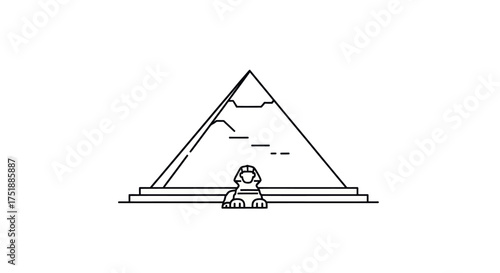 Stylized Egyptian Pyramid and Sphinx Line Art Illustration.